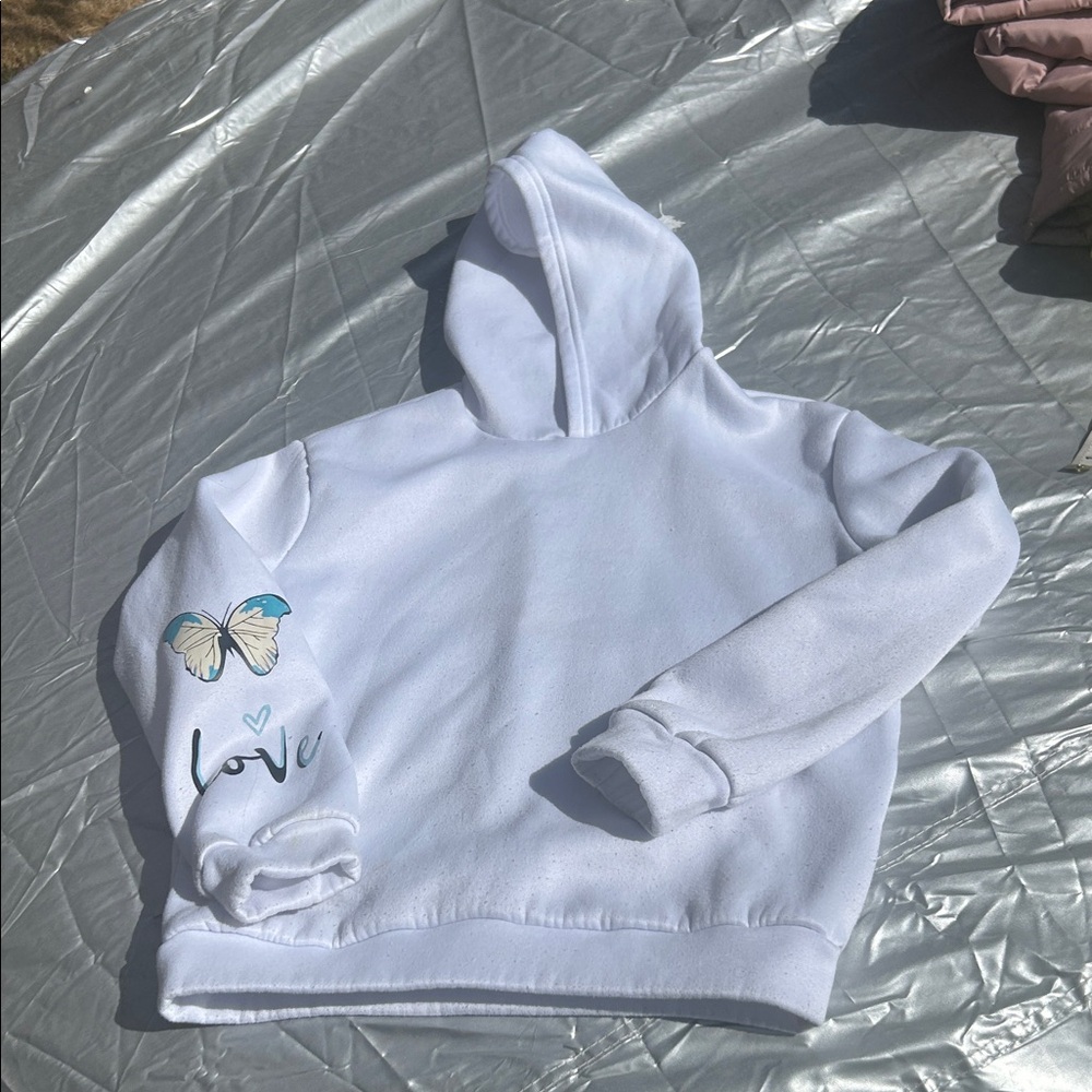 Girls White Graphic Hoodie Sweatshirt Butterfly Love Boho Size S/M - Picture 2 of 4